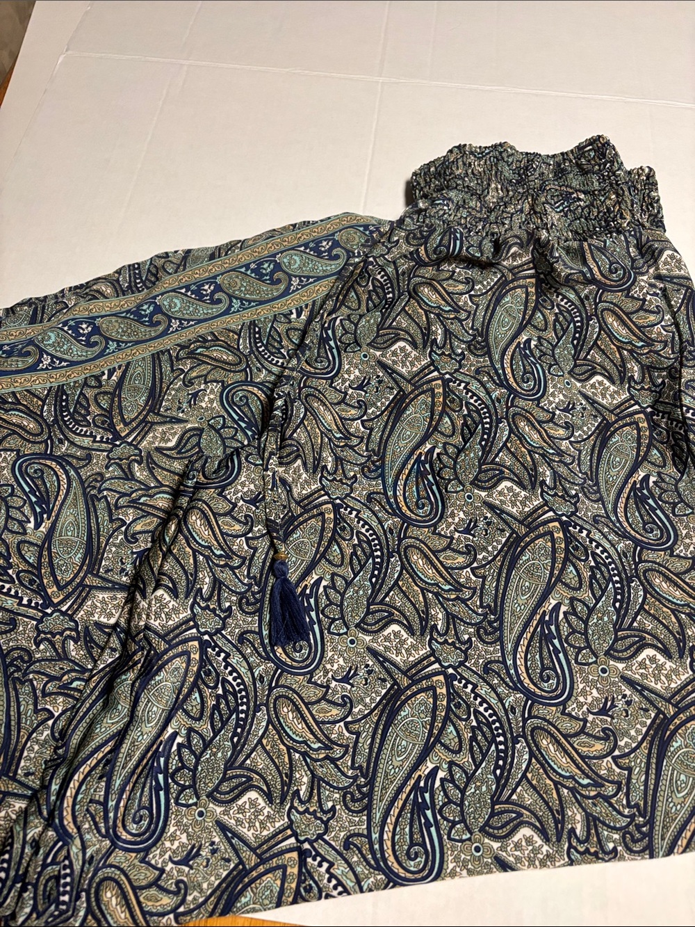 Wide Leg Paisley Pull-On Pants - Navy & Sage